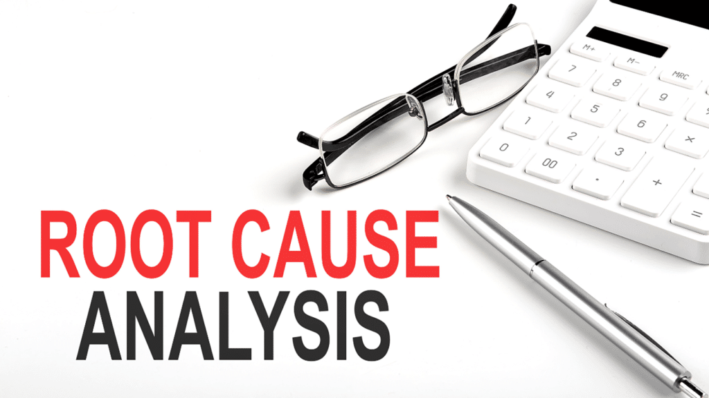 A white background with the text "ROOT CAUSE ANALYSIS" in large bold lettering, with "ROOT CAUSE" in red and "ANALYSIS" in dark gray. In the upper right corner, a pair of black-framed reading glasses, a white calculator, and a silver ballpoint pen are arranged on the white surface.