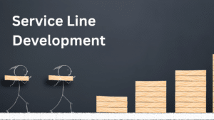 A dark gray background with the text "Service Line Development" in large bold white lettering in the upper left. In the lower portion of the image, two white chalk-drawn stick figures carry wooden planks toward three growing stacks of wooden blocks arranged in ascending height from left to right, resembling a bar chart. The illustration suggests teamwork and progressive growth.